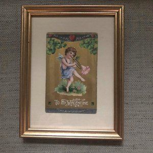 Antique Framed German Valentine Postcard Cupid Dancing with Morning Glory Horn S